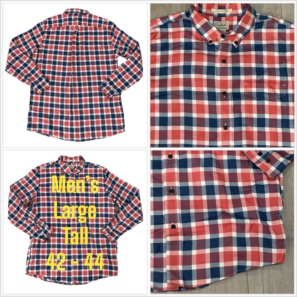 Men's L.L. Bean Large Tall Button Front Shirt Plaid Red Blue Long Sleeve Casual
